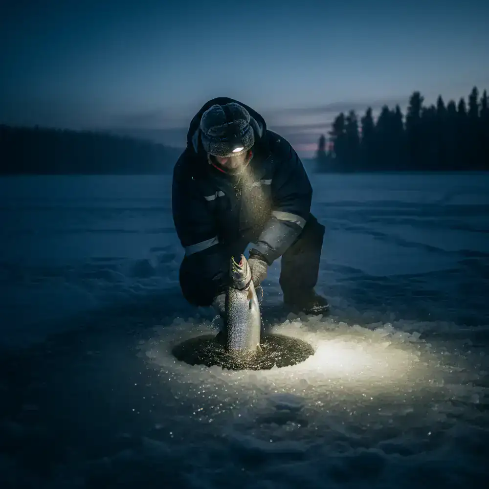 Angler pulling a catch through the ice hole